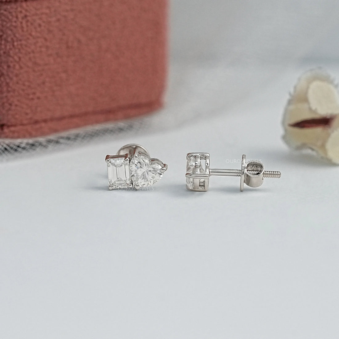 Heart And Emerald Diamond Minimal Two Stone Studs Earrings