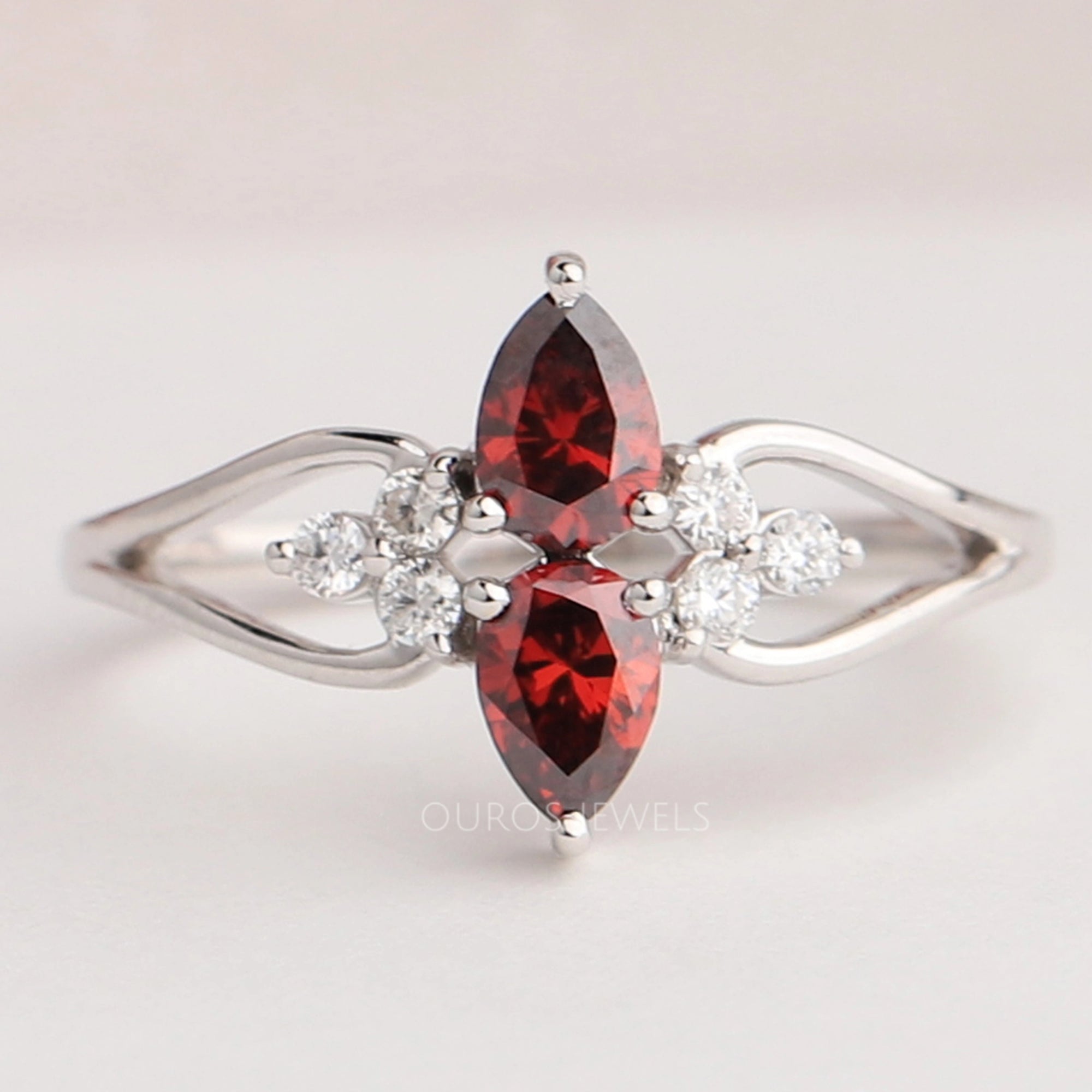 Two Stone Red Pear Diamond Dainty Ring