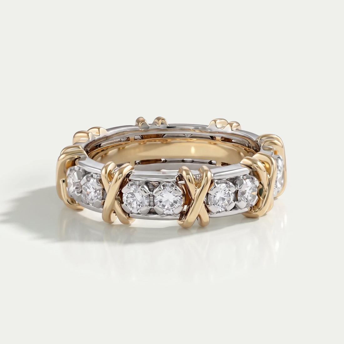 Two Tone Round Diamond Crossover Eternity Wedding Band Rings