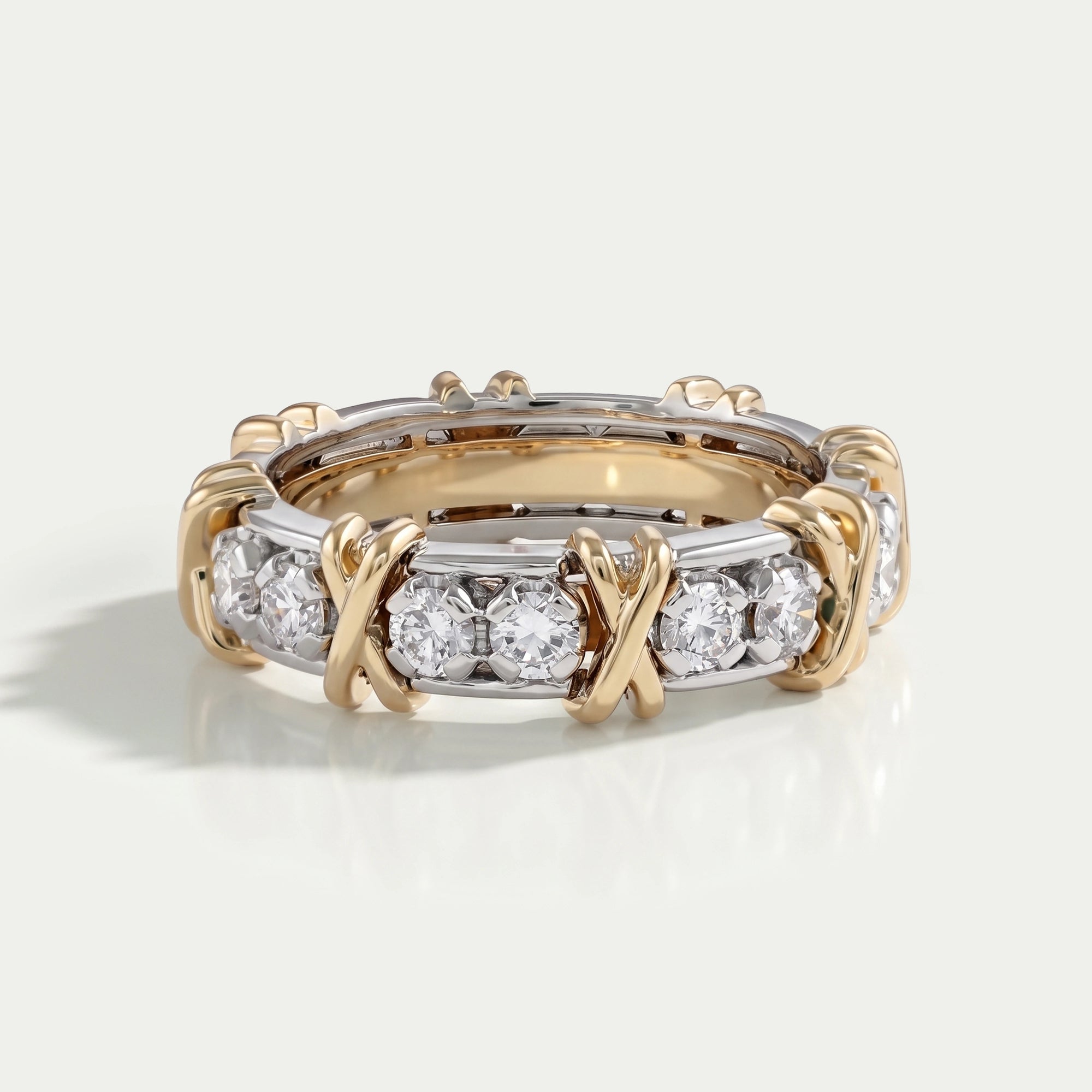 Two Tone Round Diamond Crossover Eternity Wedding Band Rings