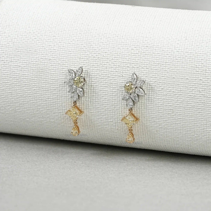 Boucles d'oreilles pendantes florales en diamant jaune et blanc