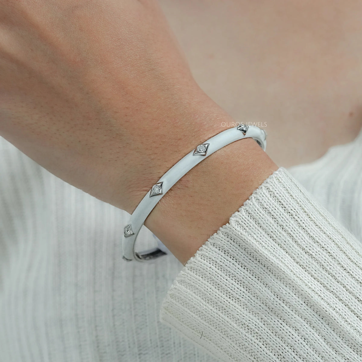 White Enamel Round Lab Diamond Bangle Bracelet