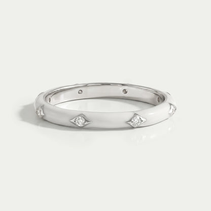White Enamel Round Diamond Wedding Band Ring