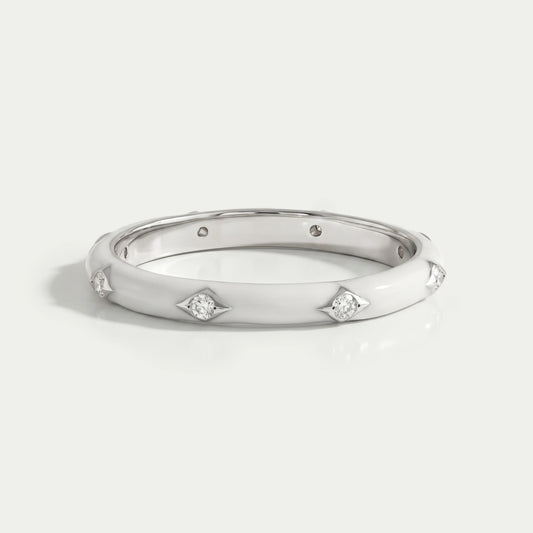 White Enamel Round Diamond Wedding Band