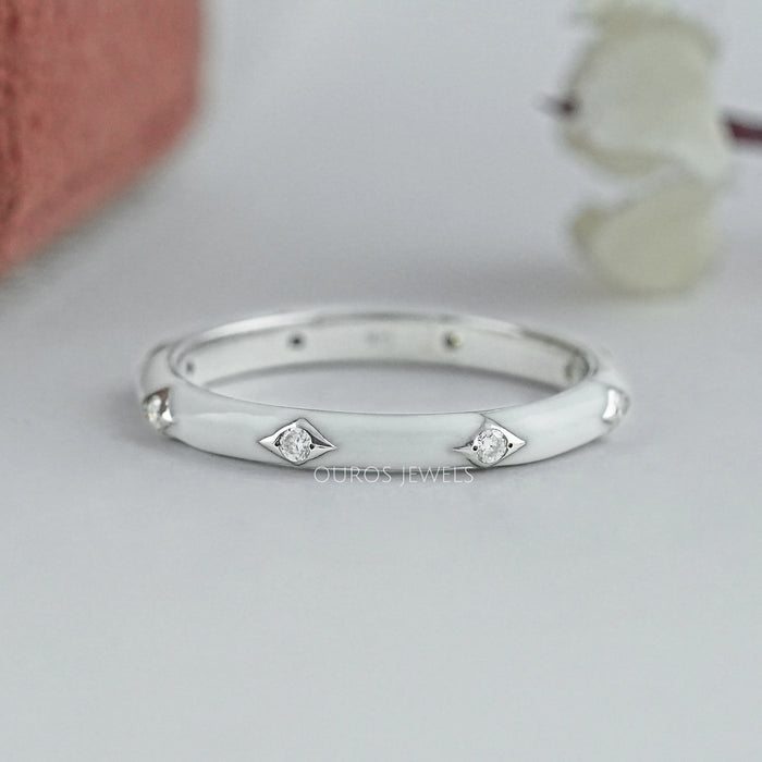 White Enamel Round Diamond Wedding Band Ring