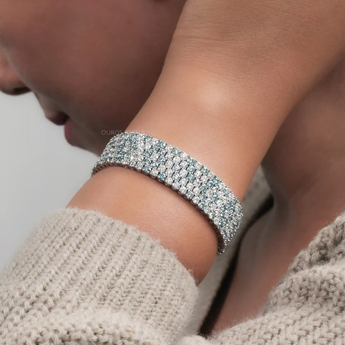 Fancy Blue Round Cut Lab Diamond Wide Bracelet Bracelet