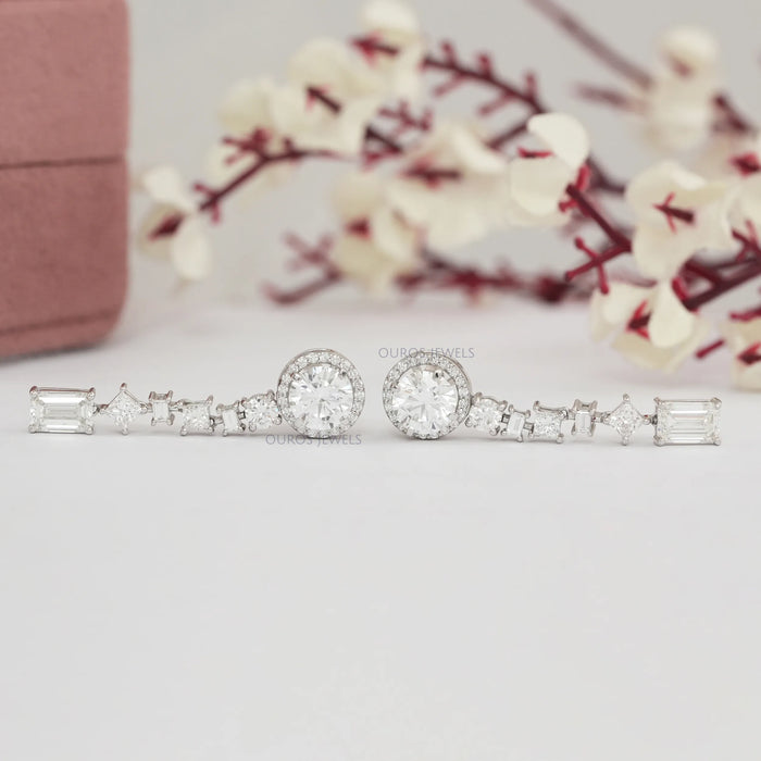 east west view of multiple shape diamond floating halo flat back drop earrings