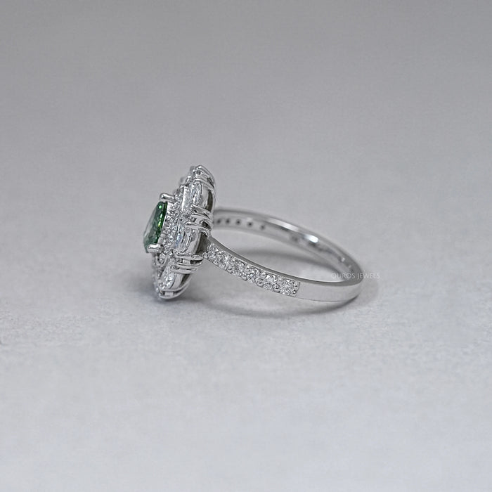 Green Pear Cut Surround Double Halo Diamond Engagement Ring