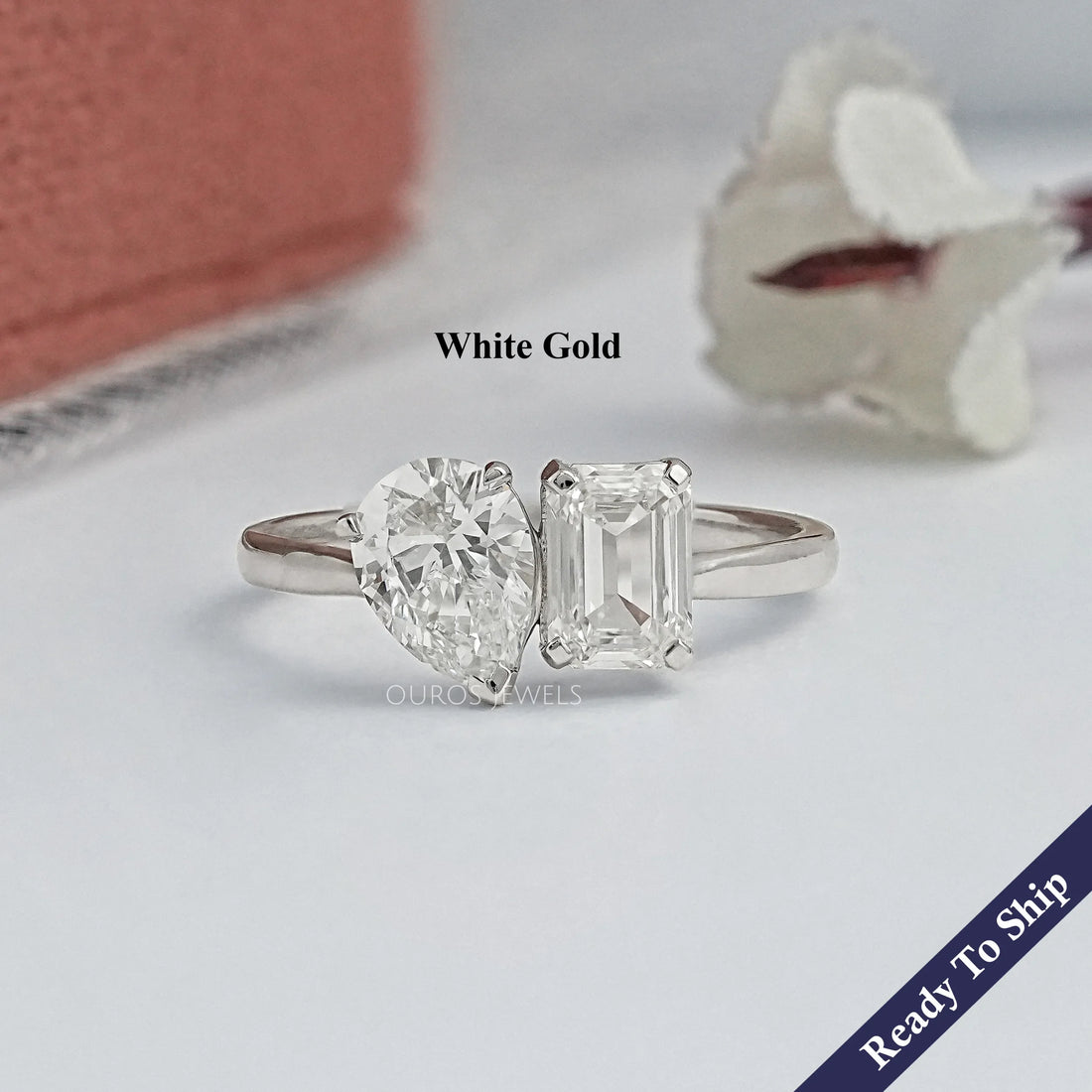 Emerald And Pear Lab Diamond Toi Moi Ring 14K White Gold 7.00 US Ring