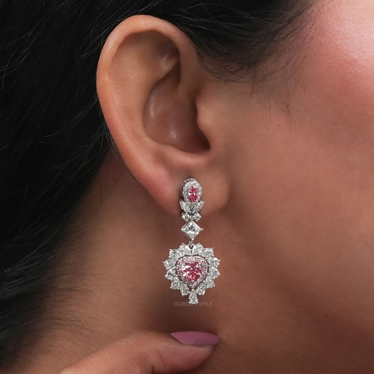 Pink Heart Cut Double Halo Drop Dangle Earrings Earrings