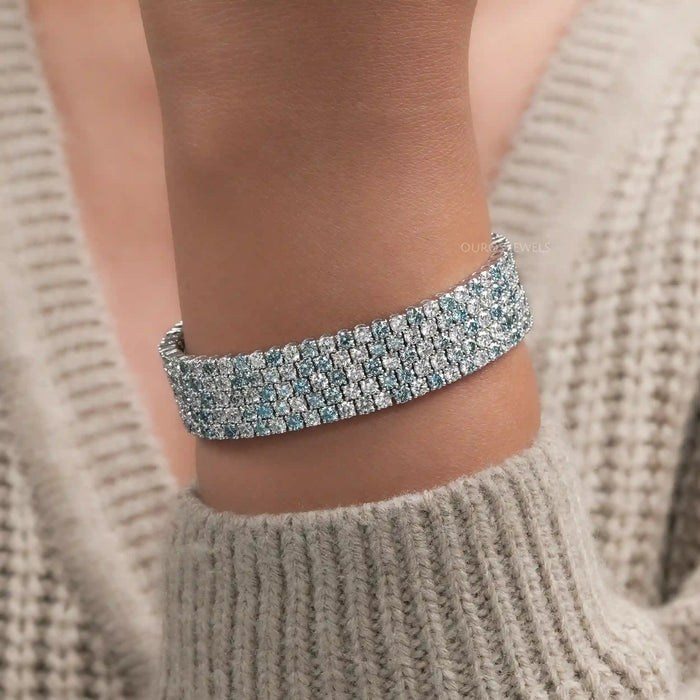 Fancy Blue Round Cut Lab  Diamond Wide Bracelet