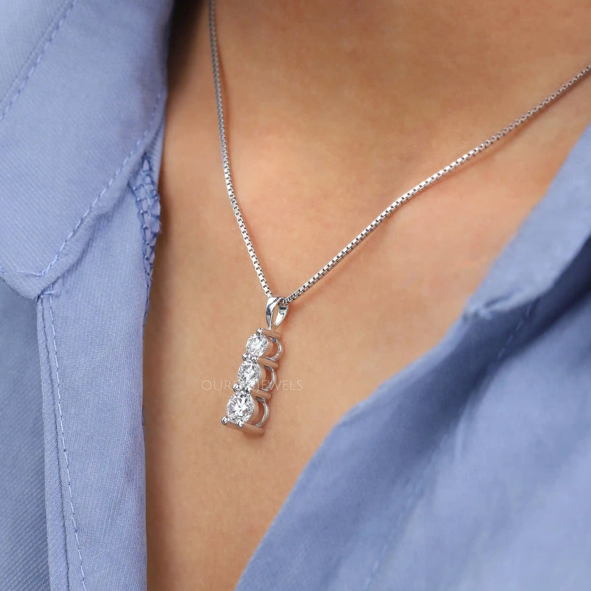 3 Stone Round Cut Lab Diamond Bar Pendant Necklaces