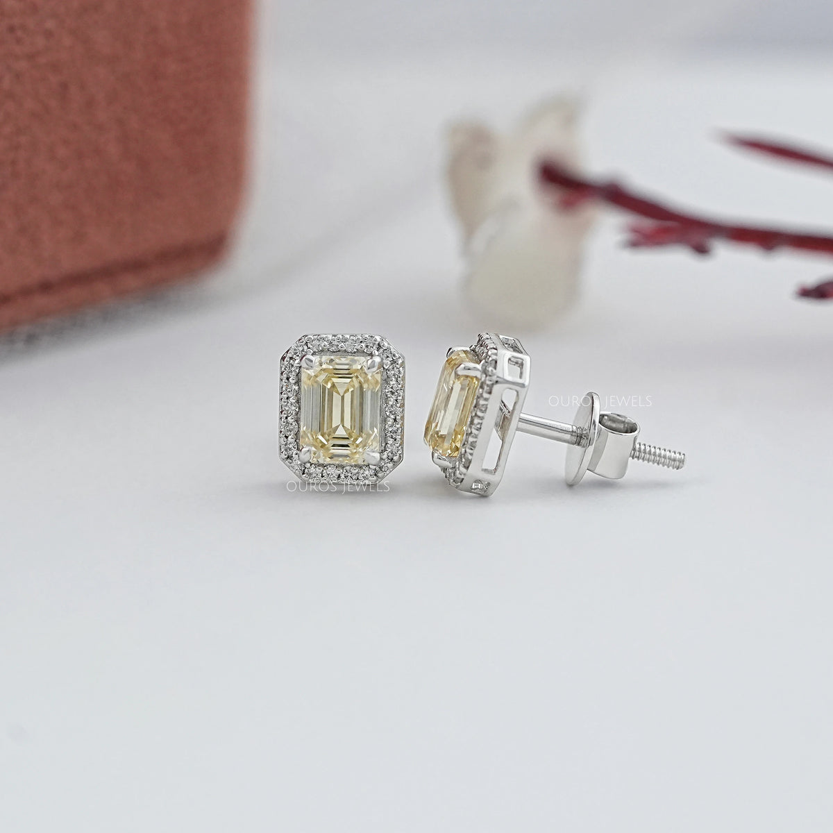 Yellow Emerald Lab Diamond Halo Stud Earrings Earrings