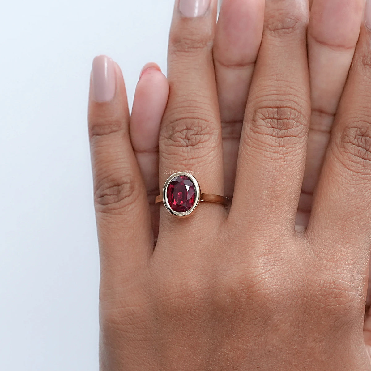 Oval Cut Ruby Lab Gemstone Bezel Set Solitaire Ring Rings