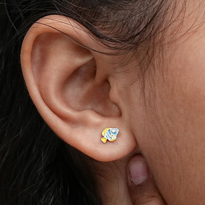 Round Cut Diamond Enamel Fish Earrings For Kids