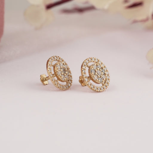 side view of round shape cluster diamond open circle halo stud earrings push back