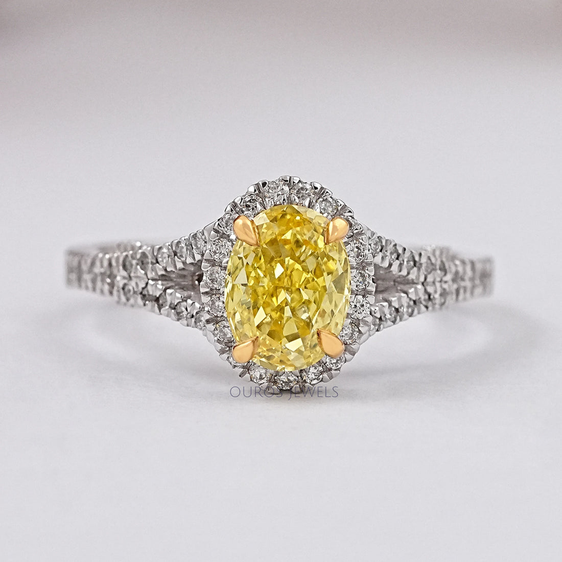Yellow Oval Diamond Halo Split Shank Engagement Ring