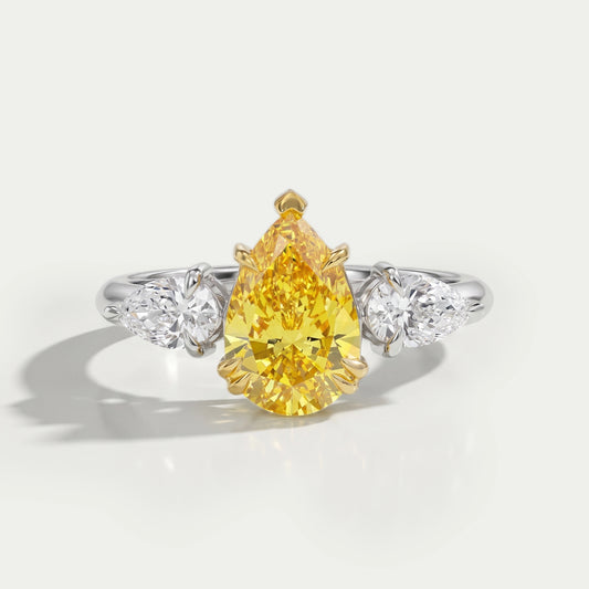 Yellow Pear Cut Lab Three Stone Diamond Ring