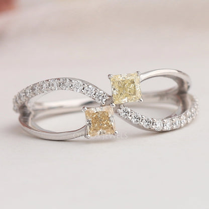 Yellow Princess Cut Bypass Setting Wedding Ring Rings
