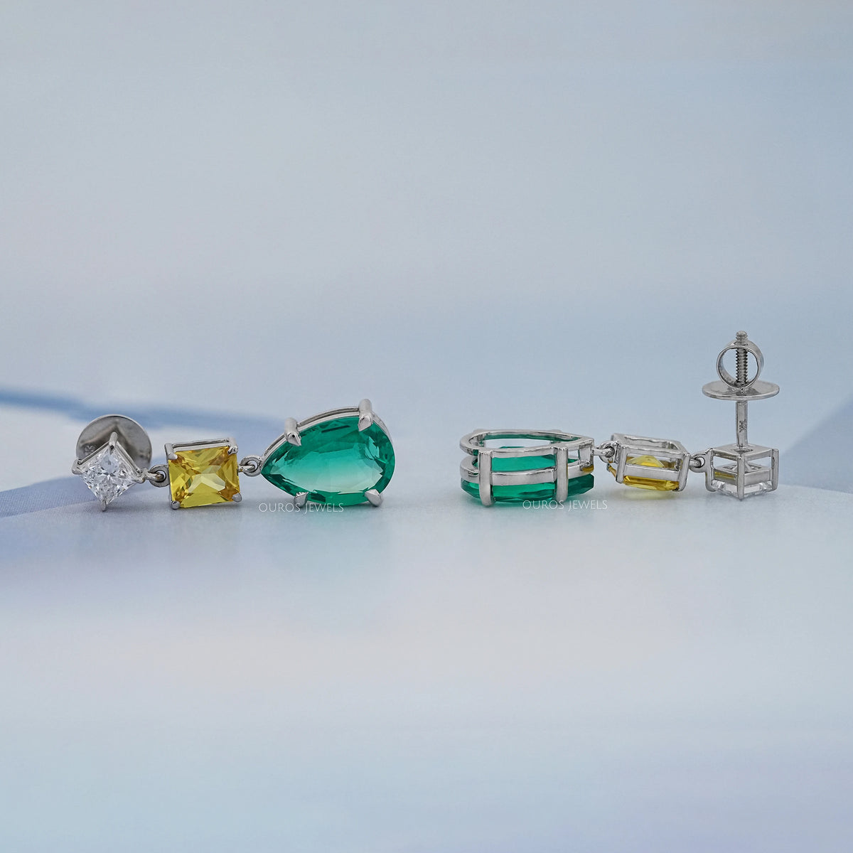 Green Pear And Yellow Radiant Diamond Drop Earrings Earrings