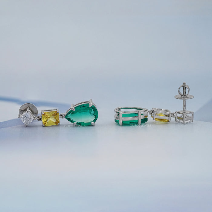 Green Pear And Yellow Radiant Diamond Drop Earrings