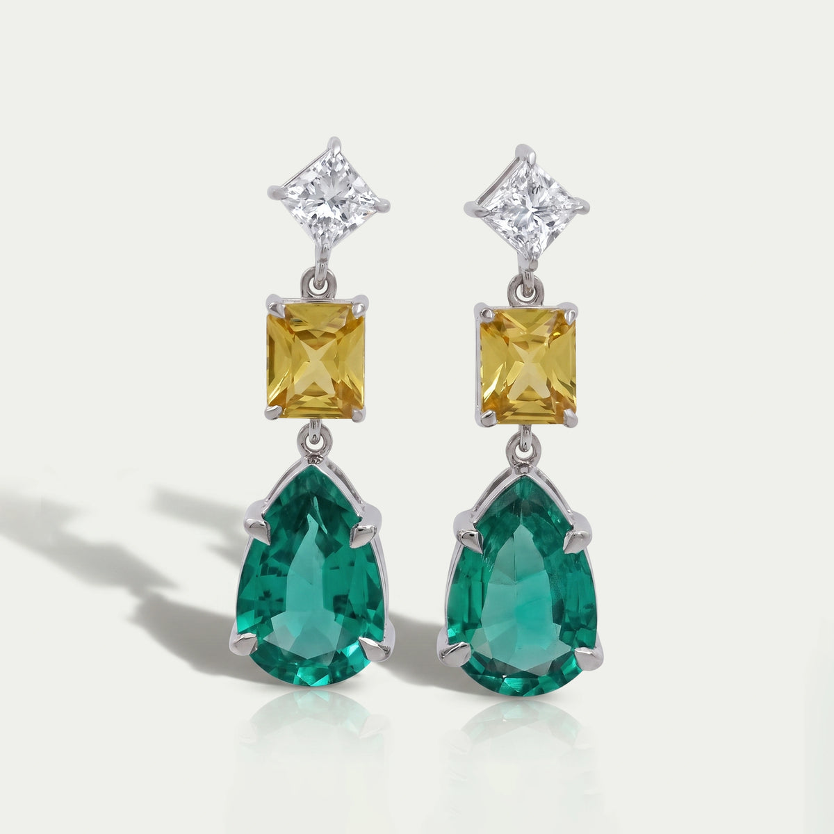 Green Pear And Yellow Radiant Diamond Drop Earrings Earrings