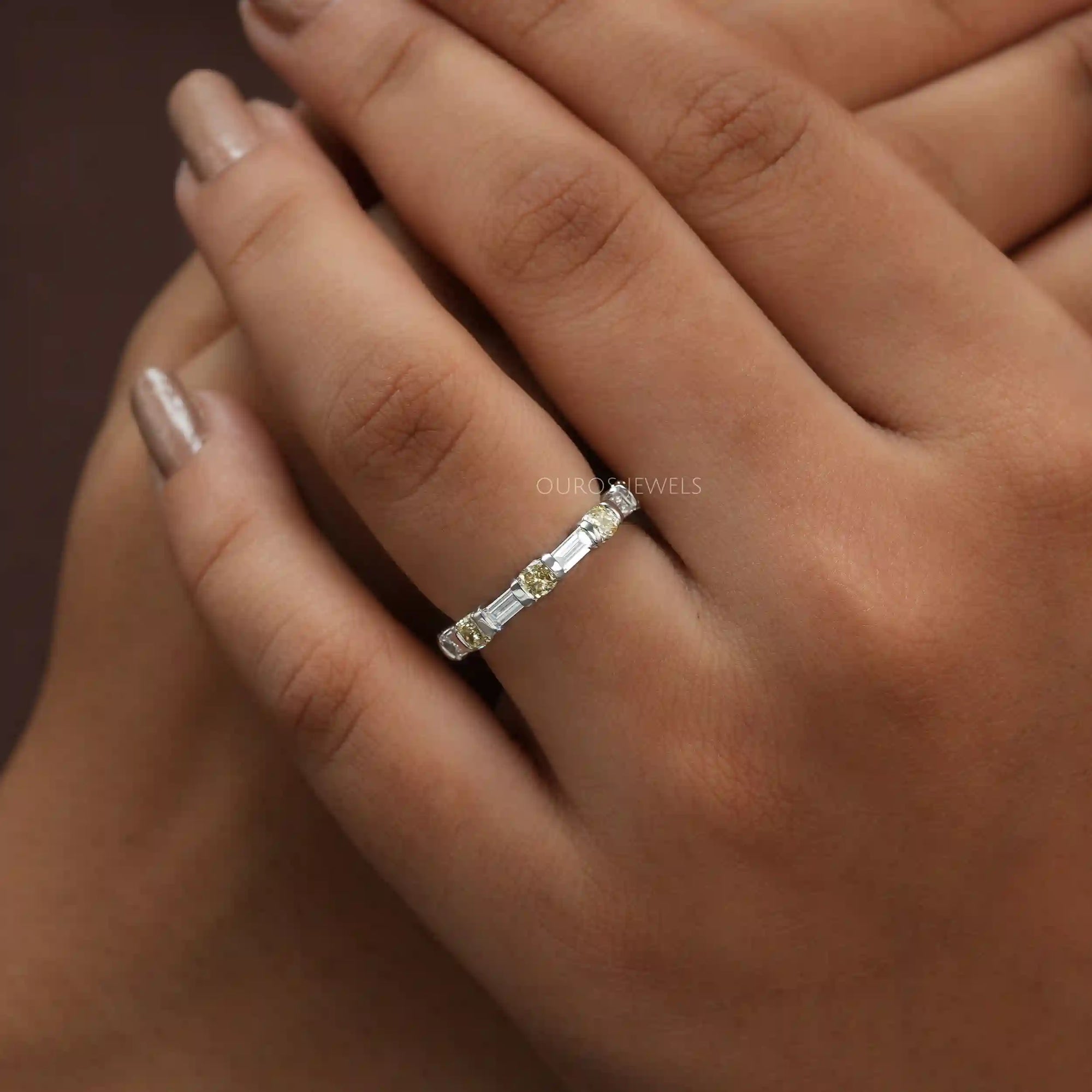 Yellow Cushion And Baguette Cut Lab Diamond Eternity Wedding Band