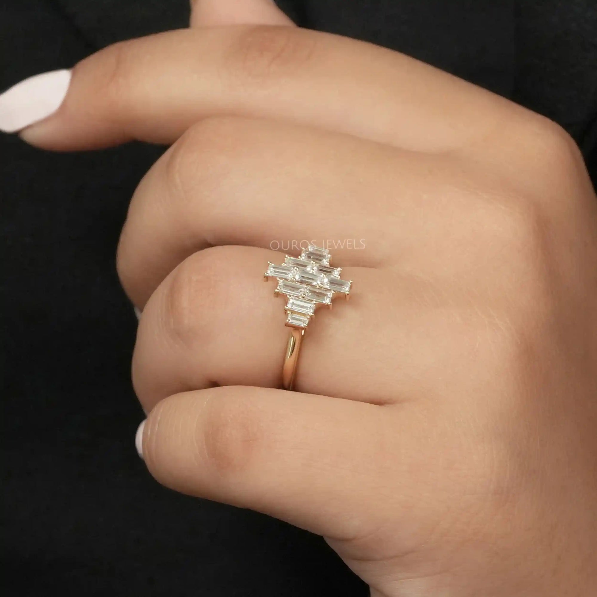 Yellow Gold Baguette Cut Cluster Diamond Engagement Ring