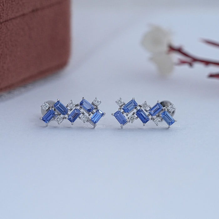 Sapphire Baguette And Round Diamond Drop Earrings