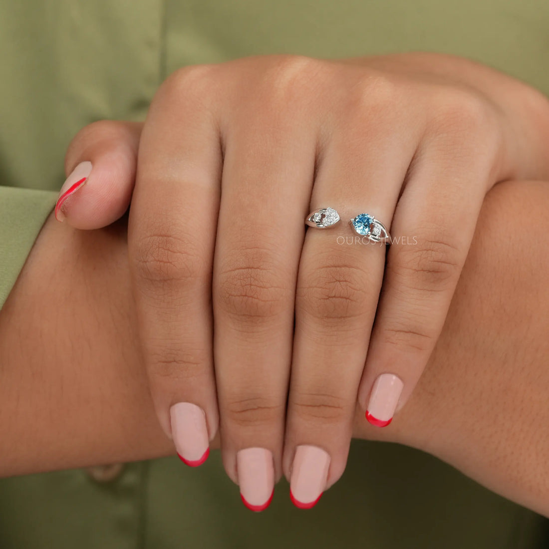 Blue Heart Cut Lab Diamond Open Cuff Dainty Ring Ring