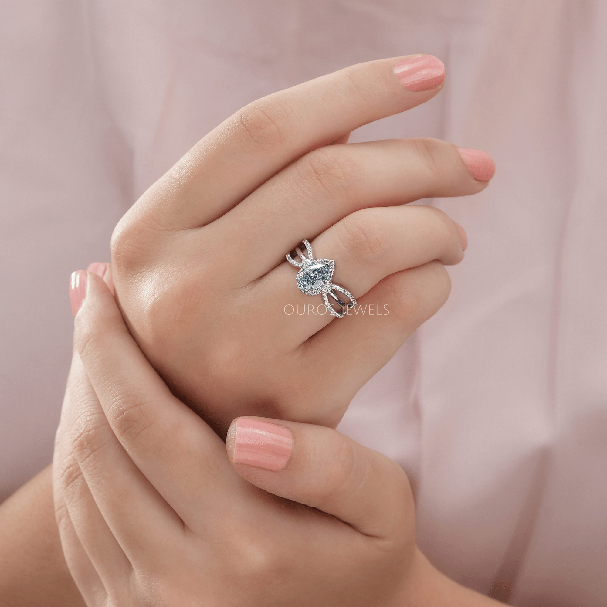 Blue Pear Cut Halo Accent Diamond Engagement Ring