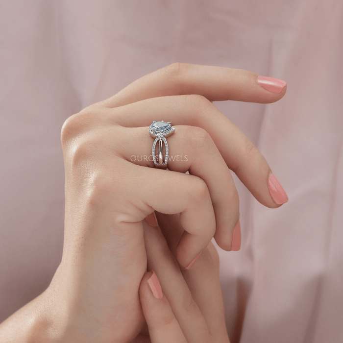 [On Finger Side View Of VS Clarity Lab Diamond Halo Engagement Ring]-[Ouros Jewels]