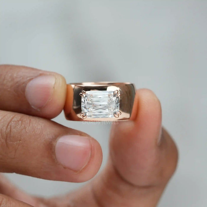 close view of east west criss cut lab diamond men's engagement ring in rose gold