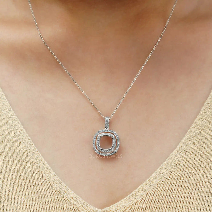 [A Women wearing Cushion Cut Double Halo Semi Mount Pendant]-[Ouros Jewels]