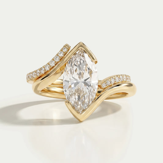Half Bezel Marquise Lab Diamond Curved Ring Set Rings
