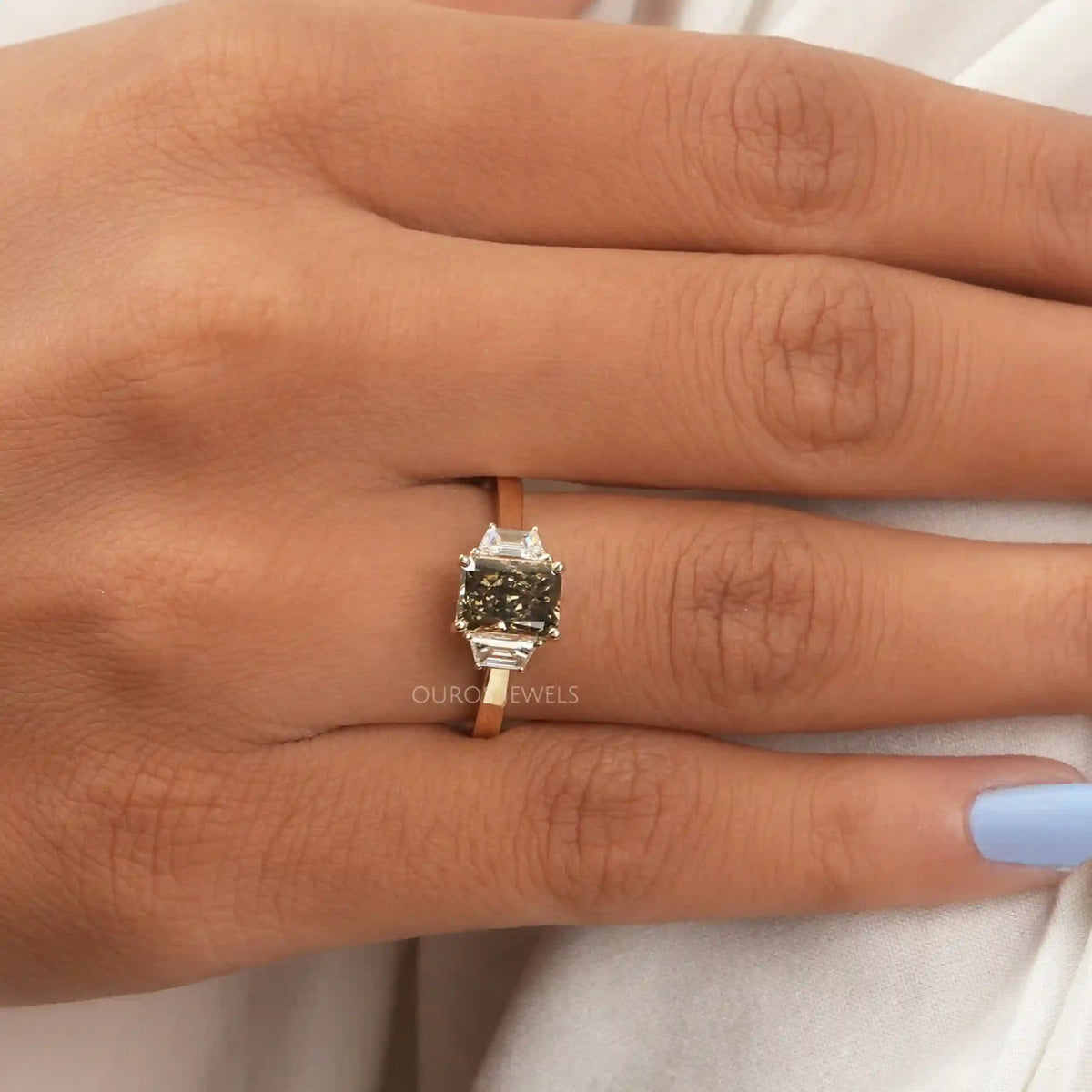 Olive Radiant Cut Three Stone Lab Grown Diamond Engagement Ring Rings