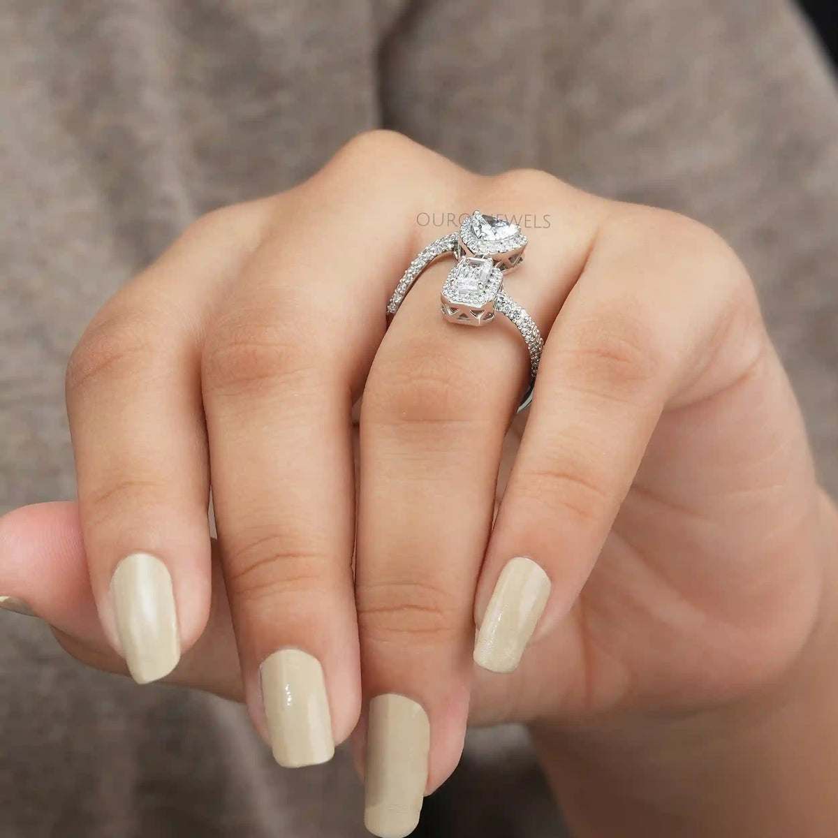 Emerald And Trilliant Cut Halo Lab Diamond Bypass Engagement Ring