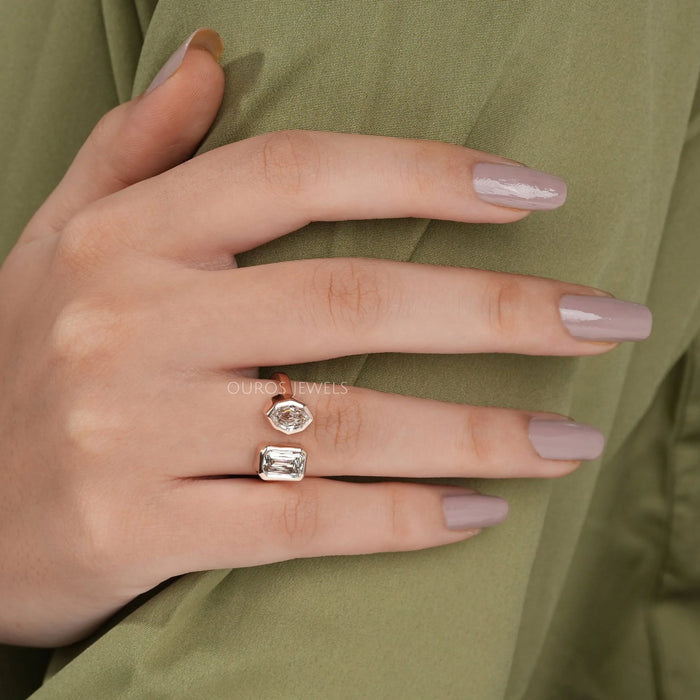 criss cut and step moval diamond bezel set toi-moi wedding ring's top view in finger