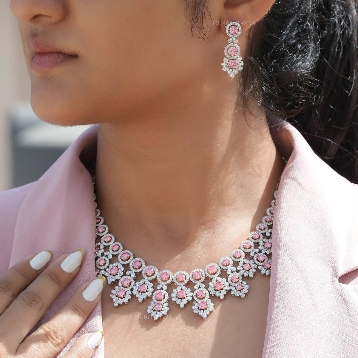 Pink Round Cut Lab Diamond Bridal Necklace Set Necklaces
