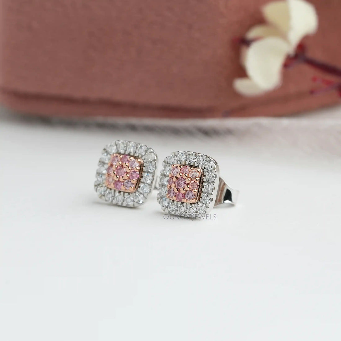 Pink Round Cut Lab Grown Diamond Halo Stud Earrings Earrings