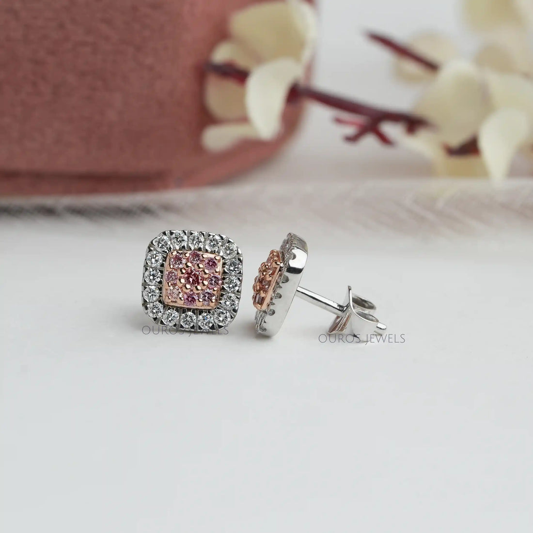 Pink Round Cut Lab Grown Diamond Halo Stud Earrings Earrings