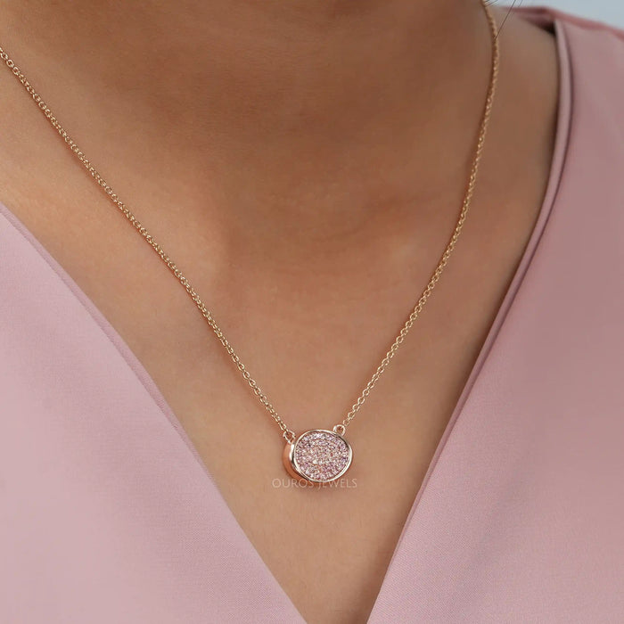 Pink Round Cut Lab Grown  Diamond  Pave Set Pendant