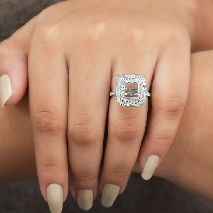 princess-cut semi-mount double halo engagement ring in finger