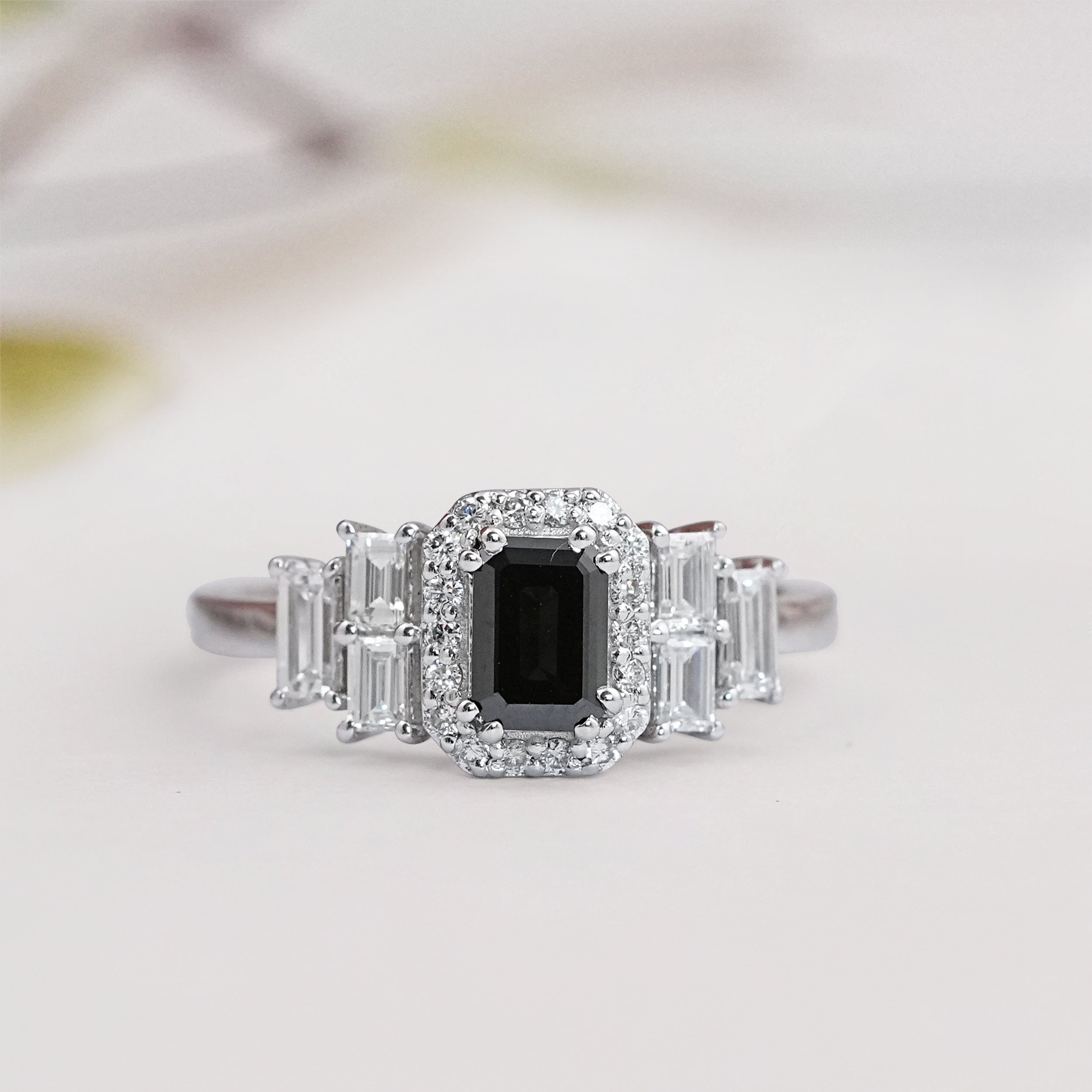 Radiant cut black diamond ring