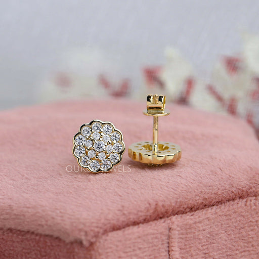 top and back view round cut cluster diamond screw back studs yellow gold