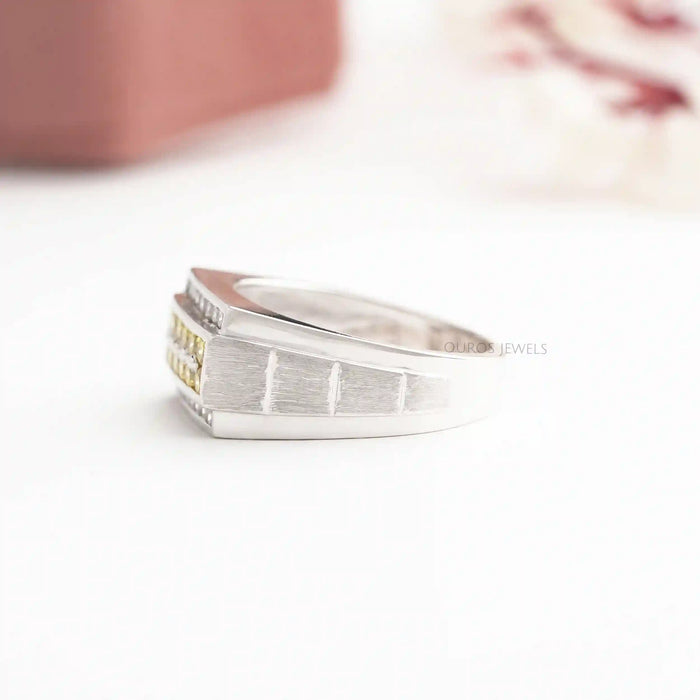 side view of yellow round-cut lab-grown colored diamond men's wedding band