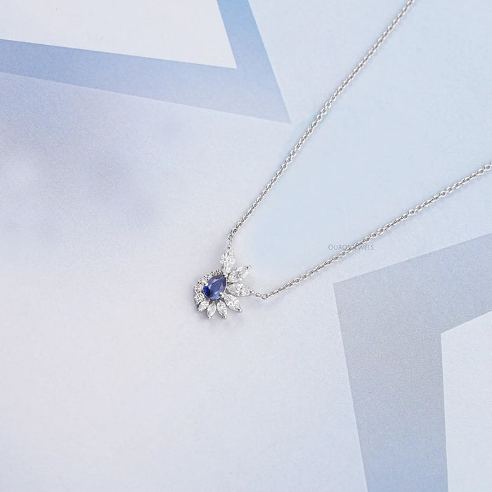 Blue Sapphire And Diamond Floral Cluster Pendant Necklace