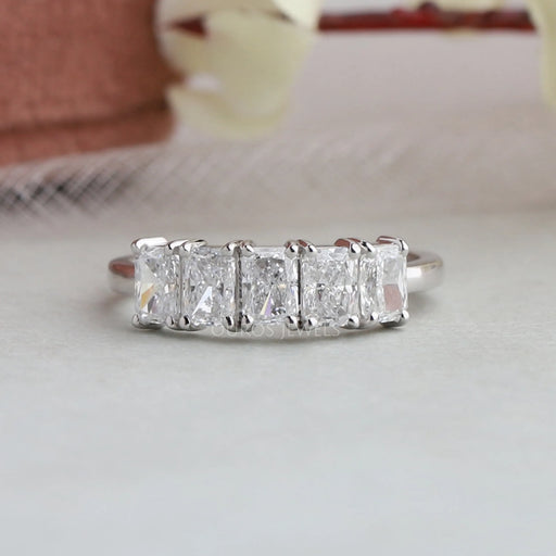front view of radiant cut lab diamond five stone wedding ring with white gold band