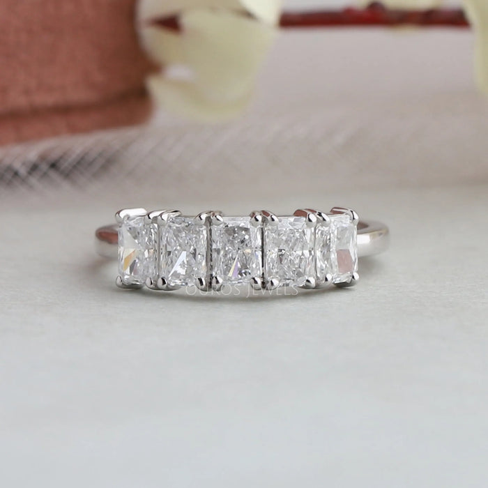 front view of radiant cut lab diamond five stone wedding ring with white gold band