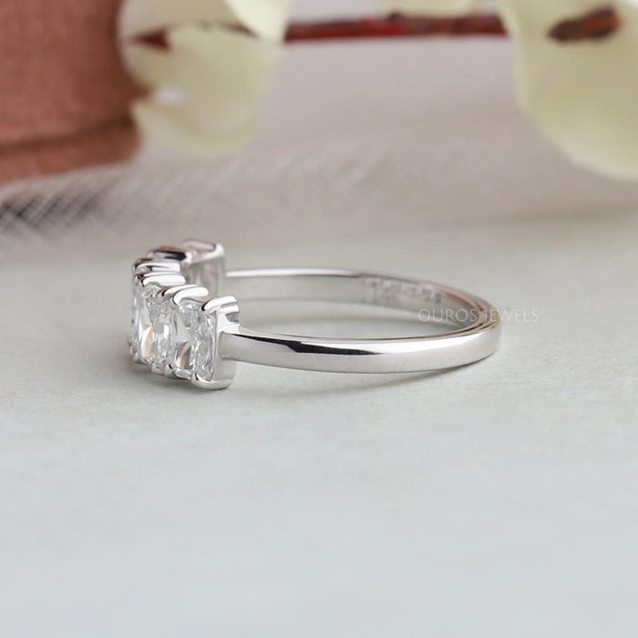 side view of radiant cut lab diamond five stone wedding ring with white gold band